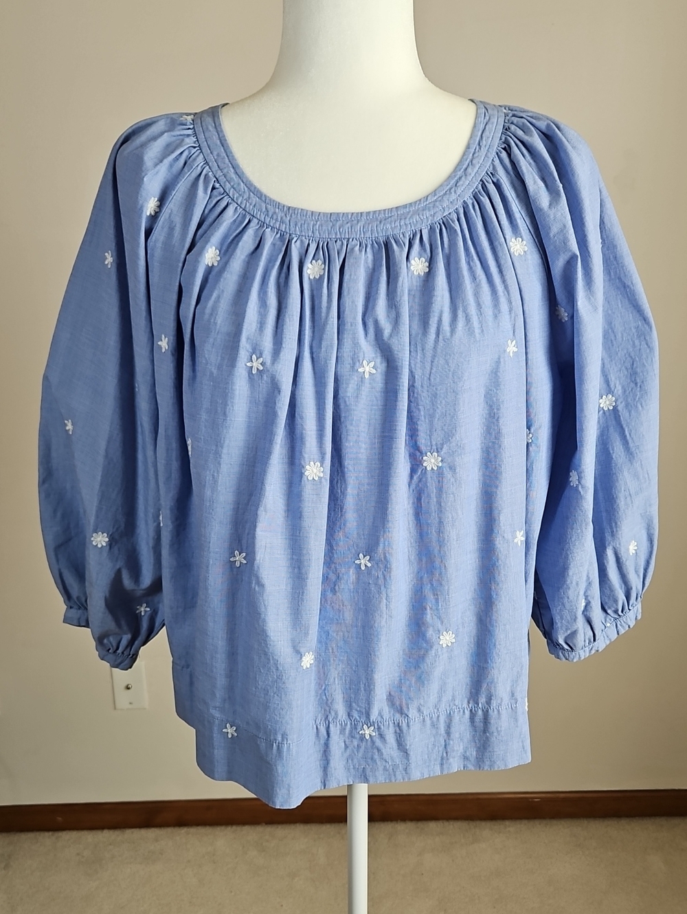 J Crew Chambray Blouse Emboidered Daisy Cropped Balloon Sleeve Boho LP